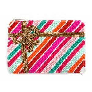 Porte-monnaie de luxe multicolore avec nœud perlé, fermeture éclair, broderie à la main, mini pochette polyvalente pour clés, argent, cartes et maquillage - Product Image 1