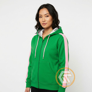 อัลฟ่าที่ปรับแต่งได้ |   เสื้อฮู้ดผ้าฝ้ายคาปา ขนแกะนุ่ม เป็นมิตรกับสิ่งแวดล้อม ปักโลโก้ด้านหน้า สำหรับสตรีชมรมหญิงกรีก สีชมพูและสีเขียว - Product Image 2