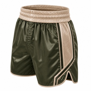 Unisex Green Satin/Nylon/<b>Polyester</b> Boxing Shorts with Beige Mesh Panel Elastic Waistband Seamless Fusing Quick Dry Regular Fit - Product Image 1