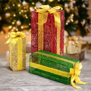 VINGLI Set of 3 Lighted Gift <b>Boxes</b> 90 LED Warm White Christmas Lights Pre-Lit Nestable <b>Present</b> <b>Boxes</b> Ornament with Stakes - Product Image 4
