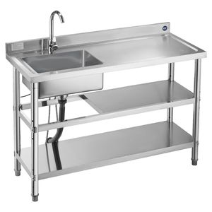 Lavello Commerciale Autoportante a Vasca Singola con Rubinetto da Cucina in Acciaio Inossidabile e Tubi per Acqua Calda e Fredda - Product Image 1