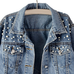 Best Quality Women's Jeans <b>Jacket</b> Gray Color Cotton Made Front Pocket Street Wear Full Sleeve Jeans <b>Jackets</b> With <b>Rhinestone</b> - Product Image 5
