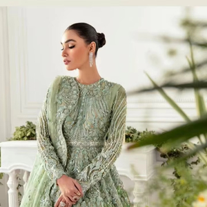 Premium Pakistani Bridle Dress Mint Green Sage Pastel Floor Length Bridal Maxi Gown With Delicate Floral Threadwork Sequin - Product Image 1