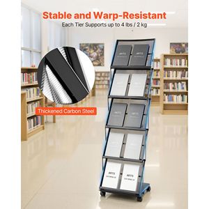 Foldable 5-Pockets Metal <b>Magazine</b> Literature Display Rack Movable Floor Standing Wheels Newspaper Catalog <b>Holders</b> for Shop - Product Image 3