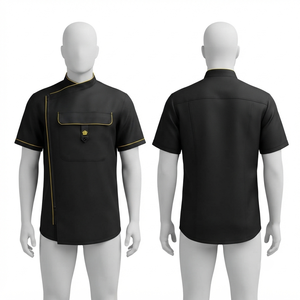 เสื้อแจ็คเก็ตช่างตัดผมแบบยูนิเซ็กซ์ ผ้าโพลีเอสเตอร์พรีเมียม 180 GSM สีดำ แขนสั้น ระบายอากาศได้ดี ชุดยูนิฟอร์มร้านเสริมสวย ปักลายนูน ปักโลโก้ตามสั่ง - Product Image 1