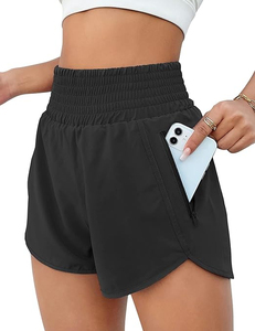 Shorts de course taille haute pour femme avec poche zippée, séchage rapide, sportifs, athlétiques, noirs unis, en Spandex et Polyester tricoté, coupe ajustée - Product Image 6