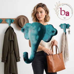 Porte-manteau mural original en fer forgé fait main, motif éléphant bleu vieilli, avec un seul crochet, de la collection Beads Art Ba - Product Image 4