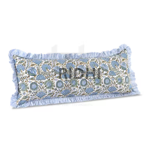 RIDHI 20x54 Long Lumbar <b>Pillow</b> Cover Floral Ruffle Cotton Sham Customizable Block Print Removable Washable for Back <b>Decor</b> - Product Image 1