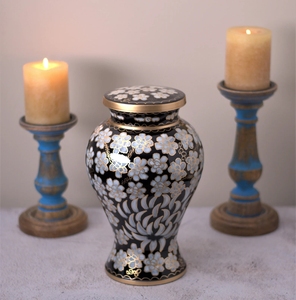 Black Handmade Oval Aluminum Cremation Urn Beautiful Pearl White Floral Hand Painted Design Modern Eco-Friendly Durable - Product Image 3