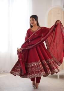 wholesale roman silk anarkali suit with embroidery sequence work full sleeves gown 3.75 meter flare <b>wedding</b> wear - Product Image 2