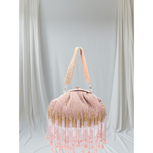 Sac à main artisanal rose à franges perlées, sac de soirée de luxe à pompons en perles pour femme - Product Image 4