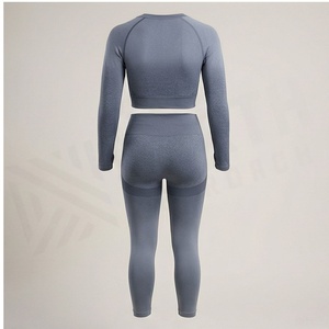 Ensemble de yoga sans couture pour femmes, haut court à manches longues, leggings taille haute, tenue de sport 2 pièces - Product Image 2
