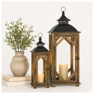 Set of 2 <b>Large</b> Rustic Wooden <b>Lanterns</b> with Metal Top Decorative Farmhouse <b>Floor</b> Candle Holders for Home Wedding and Outdoor - Product Image 5