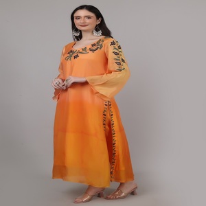 Royal Party Wear Women’s <b>Set</b> 2pc Ombre Kurta Pant Orange <b>colour</b> with Anchor Thread work For Elegant Fashion Lovers - Product Image 4