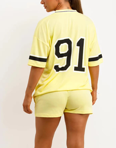 Ensemble de shorts sportifs 2 pièces pour femmes, col en V, manches courtes, coupe ample, imprimé numéro 91, respirant, vêtements de printemps et d'été - Product Image 2