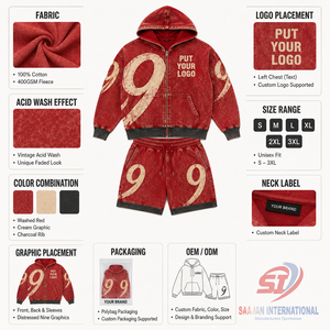Conjunto de Sudadera con Capucha y Pantalones Cortos para Hombre, Estilo Acid Wash, de Alta Calidad, Marca Saajan International, Diseño Personalizado, Etiqueta Privada OEM, 100% Algodón, Otoño - Product Image 4