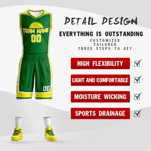 Conjunto de Uniforme de Baloncesto Sublimado Personalizado Verde Amarillo con Cuello en V, Jersey sin Mangas de Malla y Pantalones Cortos para Adultos Unisex Transpirable - Product Image 3