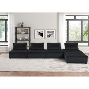 Divano Componibile Anna in Velluto Nero da 160 Pollici con Pouf, Set di 5 Pezzi per Arredamento Soggiorno - Product Image 1