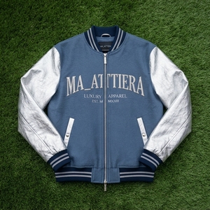 Men Blue Wool <b>Jacket</b> <b>Silver</b> Metallic Leather Sleeves Full Zip Bomber Custom Embroidered Premium Streetwear - Product Image 5