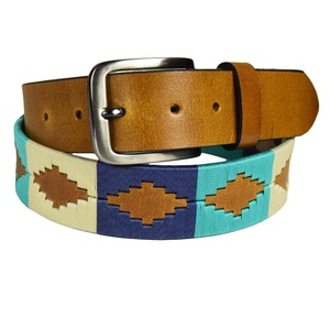 Ceinture réversible à motif géométrique ethnique en cuir de vache avec boucle à ardillon argentée, style décontracté pour homme - Product Image 1