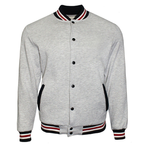 Men's Gray Varsity <b>Jacket</b> With Red <b>White</b> Black Trim Button Front Casual Baseball Style Fleece Material Autumn Wear - Product Image 1