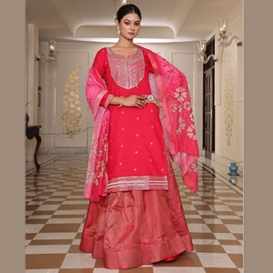 High on Demand Women's Pink <b>Kurti</b> Set 3/4 Sleeve Cotton Silk Jequard Full Stitched for Regular and Festive Occasions - Product Image 1