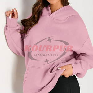 Sudadera con Capucha Rosa para Mujer, Color Sólido, Tejido de Algodón, Informal, para Otoño, con Bolsillos, Estilo Holgado, Largo Regular - Product Image 5