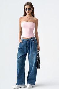Women Strapless <b>Crop</b> <b>Top</b> Solid <b>Pink</b> Knitted Spandex Cotton Casual Spring Summer Daily Wear Short Length Tube <b>Top</b> - Product Image 4