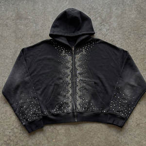 Factory OEM Acid Washed Heavyweight Cotton <b>Hoodie</b> <b>Mens</b> Vintage Boxy Fit Zip-Up Sunfaded Rhinestone <b>Hoodie</b> - Product Image 1