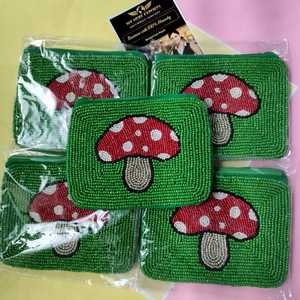 Handmade Beaded Mushroom <b>Coin</b> <b>Purse</b> Green Pouch Zipper Wallet Boho Mini Clutch Bag Cute Embroidery Makeup Chain Strap - Product Image 2