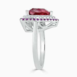 18K White Gold Trillion Cut Pink Tourmaline <b>Ring</b> with Purple Sapphire & Diamond Halo | Luxury <b>Statement</b> <b>Ring</b> - Product Image 2