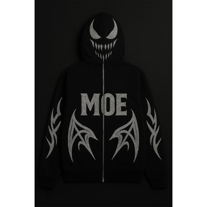 Sudadera con capucha extragrande para hombre con cremallera completa, estilo urbano cómodo y personalizado con pedrería de llama, 100% algodón French Terry, cuello con capucha - Product Image 1