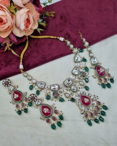 Royal Teardrop Motif Kundan Meenakari Work <b>Necklace</b> Set With Earrings And Mangtika Traditional Ethnic Wear Gold Plated Jewellery - Product Image 4