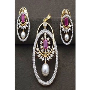 <b>Beautiful</b> Premium Quality Gold Plated Brass Zircon Designer Pendant Necklace Set <b>Earrings</b> Wedding Party Women Wear Collection - Product Image 1
