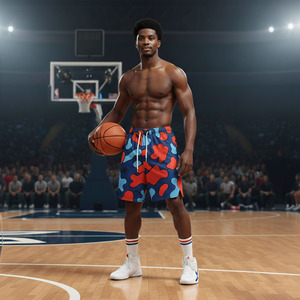 กางเกงขาสั้นผู้ชายผ้าถักระบายอากาศ แห้งเร็ว 5 นิ้ว โลโก้ด้านหน้า สไตล์ไฮสตรีท เอวยางยืด พิมพ์ลายซับลิเมชั่น สำหรับออกกำลังกาย - Product Image 4