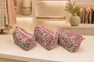 Sky Blue Floral Cosmetic Bag With Red Stripe Zipper Medium Size Portable <b>Makeup</b> Toiletry <b>Case</b> Bohemian Style Textile Bag - Product Image 3