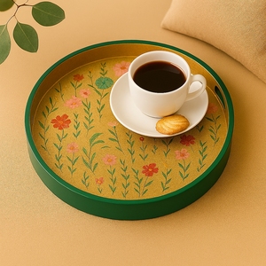Bandeja Redonda de Esmalte Floral con Grabado, Diseño Contemporáneo, Borde Verde, Tono Dorado, para Fiestas, Mesa de Comedor, Decoración de Tocador - Product Image 3