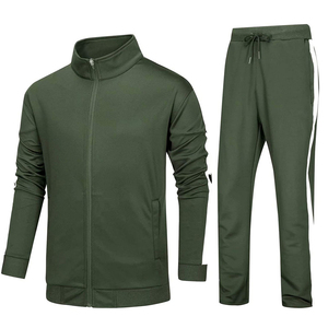 Men's Olive Green Tracksuit Full Zip Stand Collar Casual Sportswear Breathable <b>Polyester</b> <b>Joggers</b> Autumn Wear Regular Fit - Product Image 1
