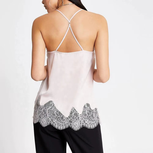 Top de Tirantes de Satén Rosa Claro para Mujer con Ribete de Encaje, Camiseta Sexy sin Mangas para Dama - Product Image 2