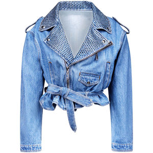 Women's PU Leather Thin <b>Denim</b> Motorcycle <b>Jacket</b> Full Sleeve Zipper Closure Turn-down Collar Rivet Decoration Short Length Autumn - Product Image 1