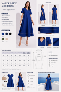 Vestido Midi de Algodón Azul Rey |   Vestidos de Verano Cortos con Cuello en V y Pliegues |   Vestido Casual de Verano con Bolsillos - Product Image 5