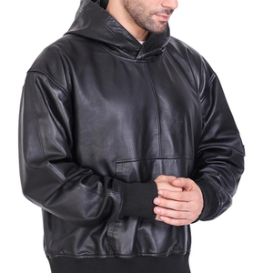 Chaqueta de cuero para hombre, estilo bomber, con capucha, de piel auténtica, informal, estilo urbano, con cremallera, a la moda, al por mayor - Product Image 3