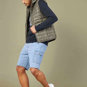 Shorts cargo en coton bleu clair pour homme, taille haute, fermeture boutonnée, décontractés, style bermuda, poches, tissu tricoté respirant, denim - Product Image 4