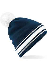 Men's <b>Navy</b> Blue Striped Beanie <b>Hat</b> with White Pom Pom Casual Winter Cap 100% Acrylic Knitted for Adults 56-58CM - Product Image 3