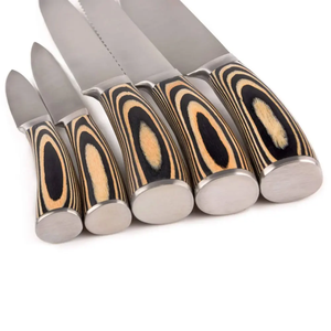 Ensemble de 5 couteaux, lames en acier inoxydable, manches en bois, bord dentelé, finition brossée, couteaux de cuisine ambidextres, tranchants - Product Image 4