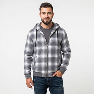 Haut à capuche en flanelle pour homme, entièrement zippé, à carreaux, à manches longues, avec poches latérales, pour l'hiver décontracté - Product Image 1