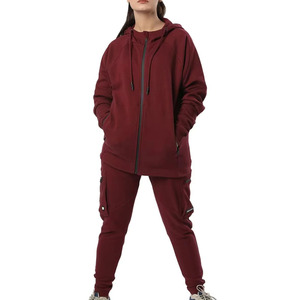 Women's Maroon Hooded Tracksuit Drawstring Closure Solid Color Eco-Friendly 2 1 Design Lightweight Casual <b>Sweatshirt</b> Side - Product Image 6