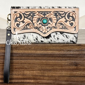 Trending Product Newly Design Hand Tooled Leather Clutch for Women Genuine Cowhide Leather With Turquoise Stone <b>Wristlet</b> Wallet - Product Image 1