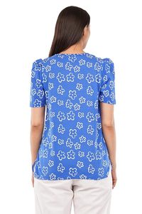 เสื้อยืดแขนสั้นพิมพ์ลายดอกไม้สีฟ้าสำหรับผู้หญิง คอวี แขนพอง ผ้าถัก ระบายอากาศได้ดี เหมาะสำหรับฤดูใบไม้ผลิและฤดูร้อน - Product Image 3