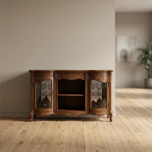 Meuble TV en bois de style antique de luxe avec portes en verre sculptées ornementées et rangement classique pour salon royal - Product Image 5